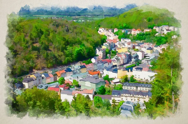 Aquarell Zeichnung Von Karlsbad Historischen Stadtzentrum Oben Luftaufnahme Mit Bunten — Stockfoto