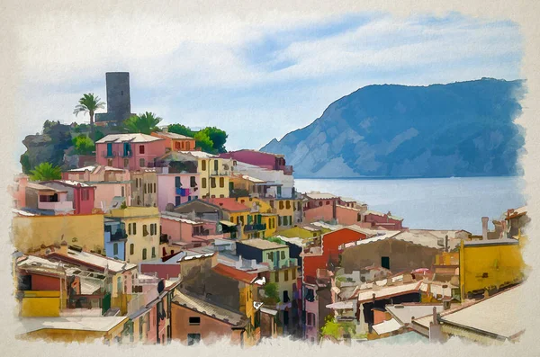 Akvarell Ritning Vernazza Traditionella Typiska Italienska Byn Nationalparken Cinque Terre Stockfoto
