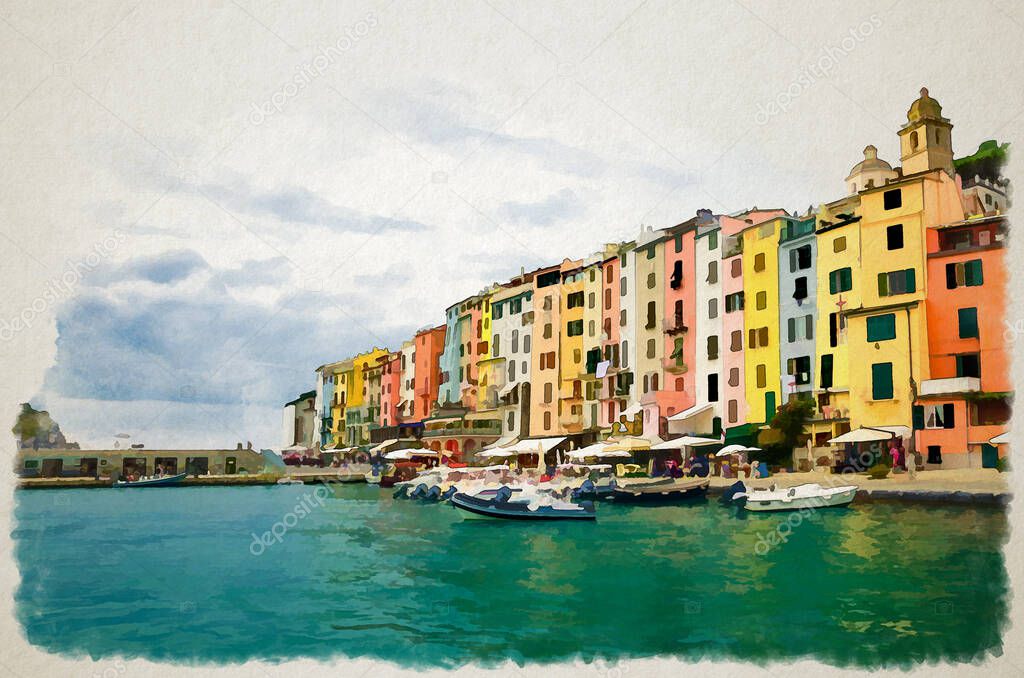 Watercolor drawing of Row of colorful multicolored buildings houses of Portovenere coastal town village and boats in harbor of Ligurian sea, Riviera di Levante, La Spezia, Liguria, Italy