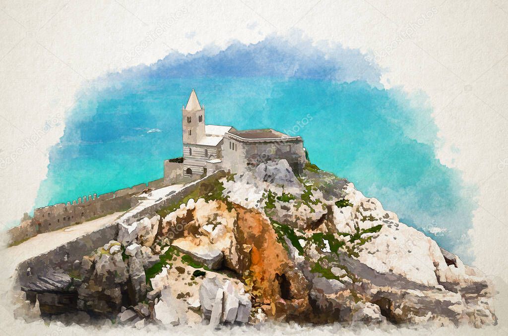 Watercolor drawing of Chiesa San Pietro catholic church, Lord Byron Parque Natural park De Portovenere town on stone cliff rock, turquoise water of Ligurian sea, Riviera di Levante, Liguria, Italy