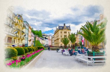 Karlovy Vary 'nin suluboya çizimi: insanlar Karlsbad tarihi şehir merkezinde, Batı Bohemya' daki renkli geleneksel güzel binalarla cadde ve Tepla nehir setinde yürüyorlar.