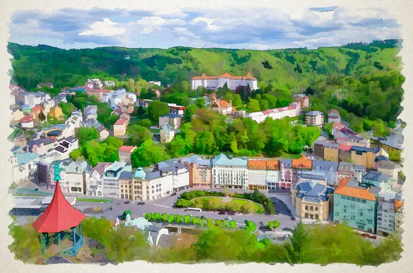 Akvarell Ritning Karlovy Vary Karlsbad Historiska Centrum Topp Antenn Utsikt — Stockfoto