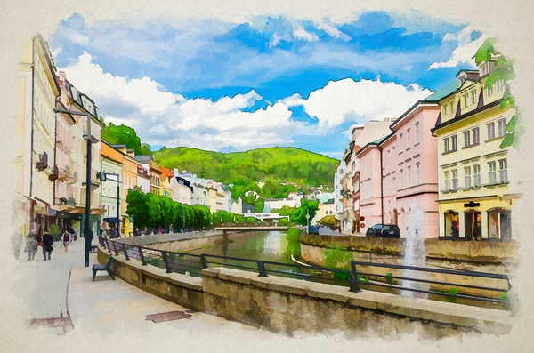 Dibujo Acuarela Karlovy Vary Gente Está Caminando Por Calle Terraplén —  Fotos de Stock