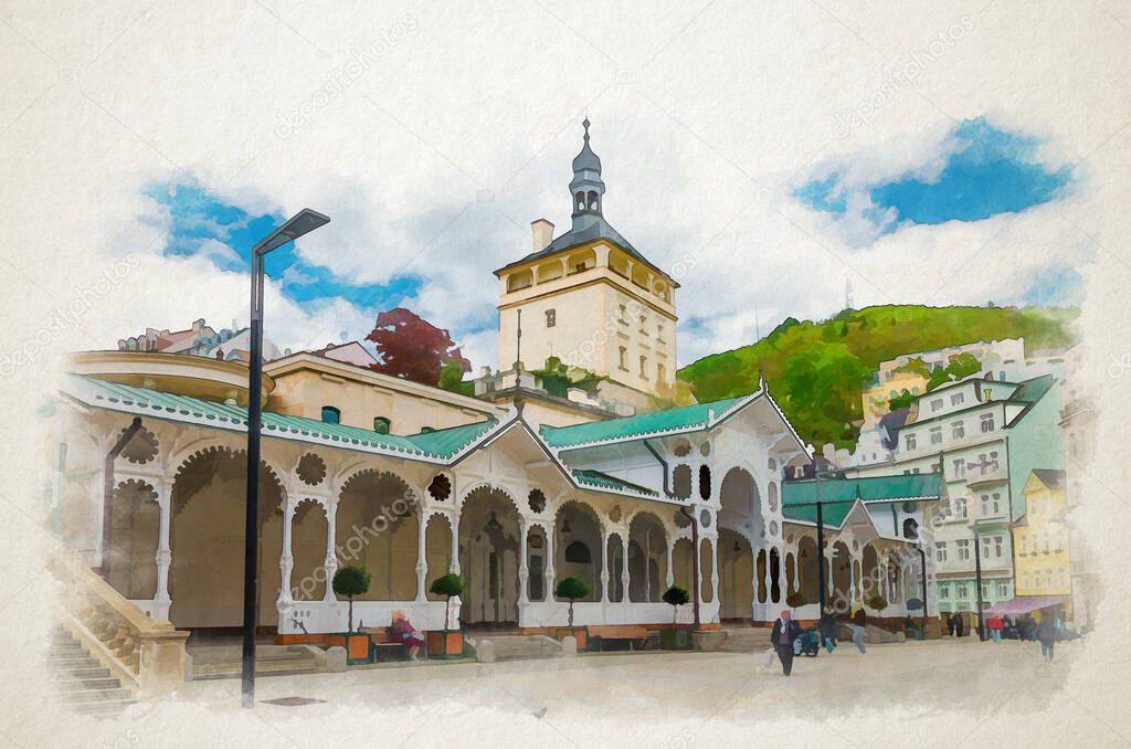 Watercolor drawing of Karlovy Vary: The Market Colonnade Trzni kolonada wooden colonnade with hot springs and people are walking in town Karlsbad historical city centre, West Bohemia