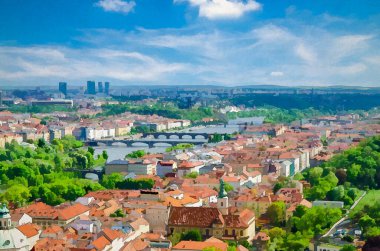 Mala Strana Küçük Kasabası ve Smichov ilçelerindeki kırmızı kiremitli çatı binaları ile Prag tarihi kent merkezinin en tepedeki panoramik manzarasının suluboya çizimi, Çek Cumhuriyeti Vltava nehri köprüleri
