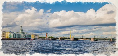 Saint Petersburg şehrindeki Panorama 'nın suluboya resimleri Neva nehri üzerindeki basküle Palace Köprüsü, Kunstkamera binası, Rusya' nın Vasilyevsky Adası, Strelka Oku 'ndaki Rostral Sütunları