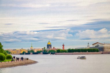 Saint Petersburg Leningrad şehrinin suluboya resimleri, Palace Bridge bascule Neva nehri, Saint Isaac Katedrali, Vasilyevsky Adası Strelka Arrow, Promenade Hare Adası, Rusya