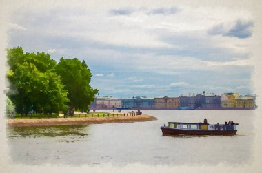 Saint Petersburg Leningrad şehrinin suluboya çizimleri, setin üzerindeki eski renkli binalar ve Rusya 'nın Zayachy Hare Adası geçidi yakınlarındaki Neva nehrinin suyundaki kayık gemisi.