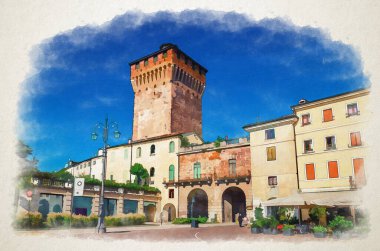 Watercolor drawing of Porta Castello Tower Torre and Gate Terrazza Torrione brick building in old historical city centre of Vicenza city, blue sky background, Veneto region, Italy clipart