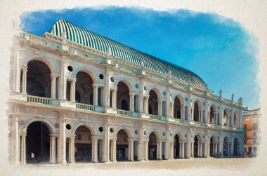 İtalya 'nın Veneto bölgesinde, Vicenza şehrinin eski tarihi şehir merkezinde Piazza dei Signori meydanında balkon ve sütunlarla Basilica Palladiana rönesans binasının suluboya çizimi