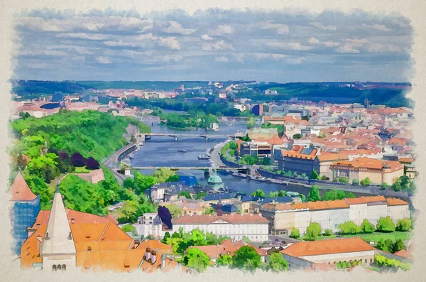 Rysunek Akwareli Widok Góry Pragi Zielonymi Ogrodami Mosty Nad Wełtawą — Zdjęcie stockowe