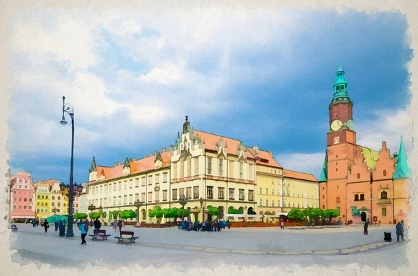 Watercolor drawing of Old Town Hall and New City Hall building, row of colorful traditional buildings with facades on Rynek Market Square in old town historical city centre of Wroclaw, Poland