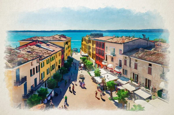 Watercolor Drawing Sirmione Air Panoramic View Historical Center Pedestrian Street — стокове фото