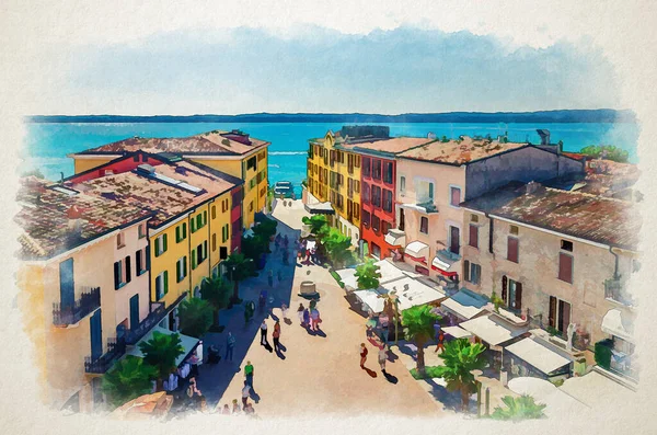 Dessin Aquarelle Sirmione Vue Panoramique Aérienne Centre Historique Rue Piétonne — Photo