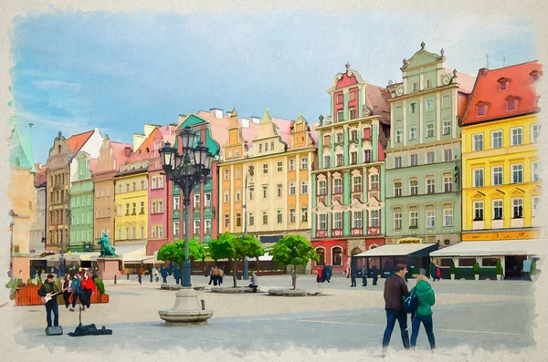 Akvarell Ritning Wroclaw Rad Färgglada Byggnader Med Flerfärgad Fasad Gamla Stockbild