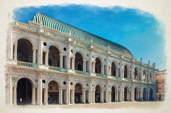 Akvarell Ritning Basilica Palladiana Renässans Byggnad Med Balkonger Och Kolumner Royaltyfria Stockbilder