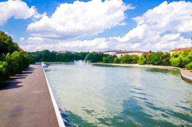 Svislach veya Svislac nehir seti, Janka Kupala Parkı ve tarihi merkezdeki genel merkez binasının suluboya çizimi, güneşli yaz gününde mavi gökyüzü beyaz bulutları