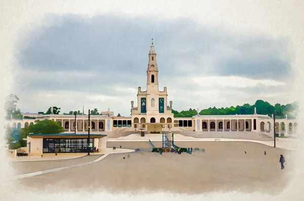 Watercolor drawing of Sanctuary of Our Lady of Fatima with Basilica of Our Lady of the Rosary catholic church with colonnade in historical town centre