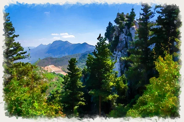 Dibujo Acuarela Cordillera Kyrenia Girne Desde Castillo Medieval Saint Hilarion — Foto de Stock