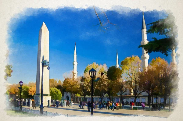 Акварельный Рисунок Стамбула Голубая Мечеть Султана Ахмеда Минаретами Обелиск Феодосия — стоковое фото