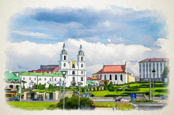 Watercolor drawing of Minsk: Upper Town with Holy Spirit Cathedral Orthodox Church Baroque style building and Church of St. Joseph in historical centre, blue sky white clouds in sunny summer day