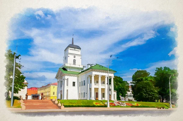Watercolor drawing of Town Hall building on Freedom Svabody square in Upper Town Minsk historical city centre, blue sky white clouds in sunny summer day, Republic of Belarus
