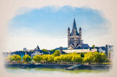 Tarihsel şehir merkezinin Köln şehrinin suluboya çizimi Ren nehrinin seti, mavi gökyüzü, Kuzey Ren-Vestfalya, Almanya