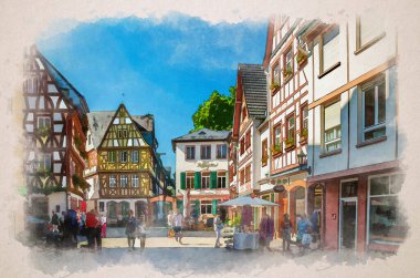Mainz 'in suluboya çizimi: Tipik ahşap cephe fachwerk tarzına sahip geleneksel Alman evleri ve tarihi ortaçağ şehir merkezinde kaldırım taşı meydanında yürüyen turistler
