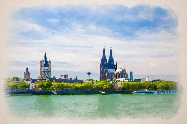 Watercolor Drawing Cologne Cityscape Historical City Centre Cologne Cathedral Saint — Stock Photo, Image