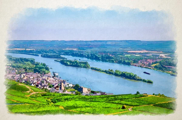 Desenho Aquarela Vista Panorâmica Aérea Desfiladeiro Rio Reno Região Vinícola — Fotografia de Stock