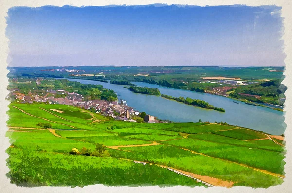 Dessin Aquarelle Vue Panoramique Aérienne Des Gorges Rhin Vallée Rhin — Photo