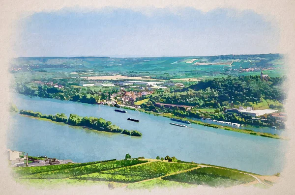 Watercolor Drawing Aerial Panoramic View River Rhine Gorge Upper Middle — Stock Fotó