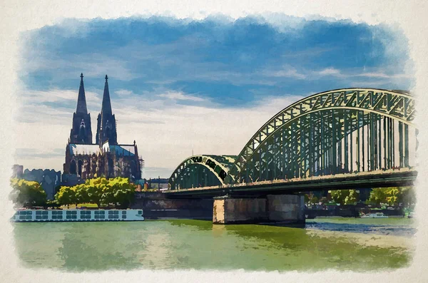 Akvarell Ritning Köln Stadsbild Historiska Stadskärnan Med Köln Katedralen Romersk Stockbild