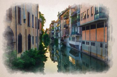 Kanal boyunca Ponte delle Torricelle Köprüsü 'nün suluboya çizimi, tarihi Padua şehir merkezinde binalar, akşam alacakaranlığı manzarası, Padova kasabası, Veneto Bölgesi, İtalya