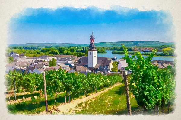 Watercolor drawing of Aerial view of vineyards Rheingau wine region, Rudesheim am Rhein historical town centre with St. Jakobus church and Rhine river, Rhineland-Palatinate and Hesse states, Germany