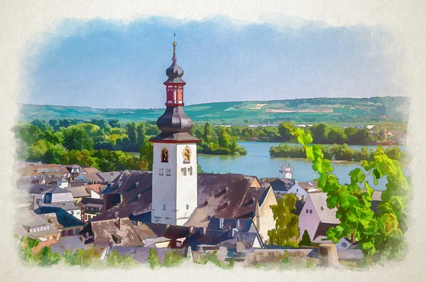 Watercolor Drawing Aerial View Rudesheim Rhein Historical Town Centre Clock — Stock Photo, Image