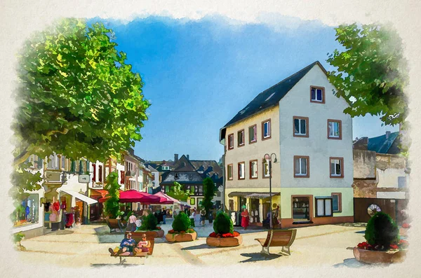 Dibujo Acuarela Rudesheim Rhein Plaza Adoquines Casas Edificios Tradicionales Alemanes — Foto de Stock
