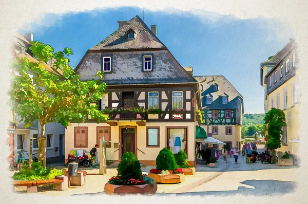 Рисунок Акварелью Рудесхайма Рейне Традиционные Немецкие Дома Красивые Художественные Здания — стоковое фото