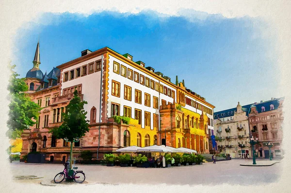 Aquarell Zeichnung Des Wiesbadener Stadtschlosses Oder Neuen Rathauses Neoklassizistischen Stil — Stockfoto