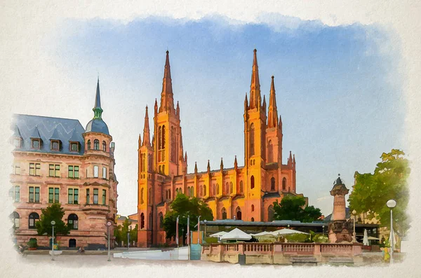 Rysunek Akwarelowy Wiesbaden Kościołem Ewangelickim Rynku Protestanckiego Lub Marktkirche Pałacem — Zdjęcie stockowe