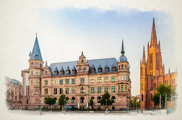 Rysunek Akwarelowy Wiesbadenskiego Krajobrazu Miasta Pałacem Miejskim Stadtschloss Lub Ratuszem — Zdjęcie stockowe