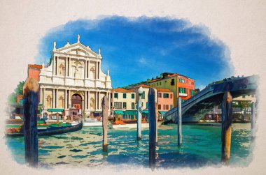 Venedik şehrinin suluboya çizimleri yatlar ve gondollarla Grand Canal su yolu, Ponte degli Scalzi köprüsü ve Chiesa di Santa Maria di Nazareth kilisesi, yaz günü mavi gökyüzü