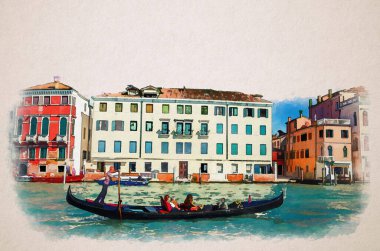 Venedik 'in suluboya çizimi: gondolcu turistlerle birlikte Cannaregio sestiere' deki Palazzo Querini Papozze Sarayı 'nın önündeki Grand Canal su yolunda yelken açıyorlar.