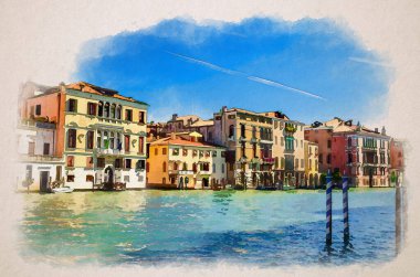 Cannaregio sestiere 'deki renkli saray binalarıyla Grand Canal su yolunun suluboya çizimi Venedik tarihi şehir merkezinde, yaz günü mavi açık gökyüzü, Veneto Bölgesi, İtalya