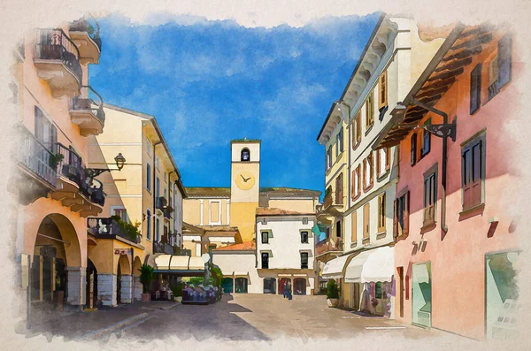 Desenzano Del Garda Akvarell Rajza Duomo Santa Maria Harang Óratornya — Stock Fotó