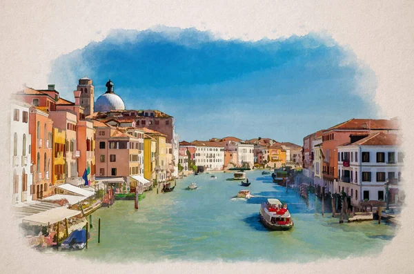 運河の水路とヴェネツィアの街並みの水彩画 Scalzi橋からの眺め ゴンドラ ボート ヨット バポレットがドッキングし キャナルグランデを航海します ヴェネツィアの建築物 イタリア — ストック写真
