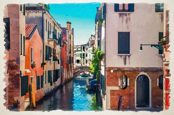 古いカラフルな建物や石の橋 ヴェネト州 イタリアの間に係留ボートと狭い水路とヴェネツィアの街並みの水彩画 典型的なヴェネツィアの景色 青い空の背景 — ストック写真