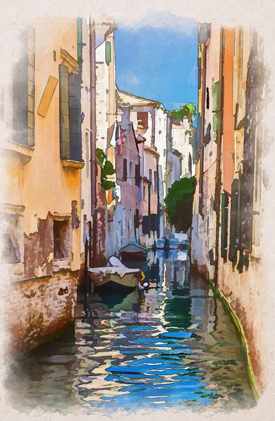 Rysunek Akwarelowy Wenecji Pejzaż Miejski Wąskim Kanałem Wodnym Łodziami Zacumowanymi — Zdjęcie stockowe