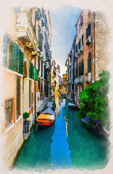 古いカラフルな建物と緑の木 ヴェネト地方 イタリアの間に係留ボートと狭い水路とヴェネツィアの街並みの水彩画 典型的なヴェネツィアの景色 垂直方向の景色 — ストック写真