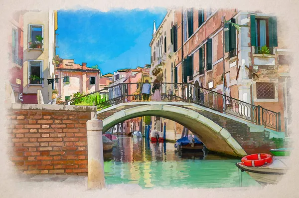Akvarell Ritning Bron Över Smal Vattenkanal Venedig Med Förtöjda Båtar — Stockfoto
